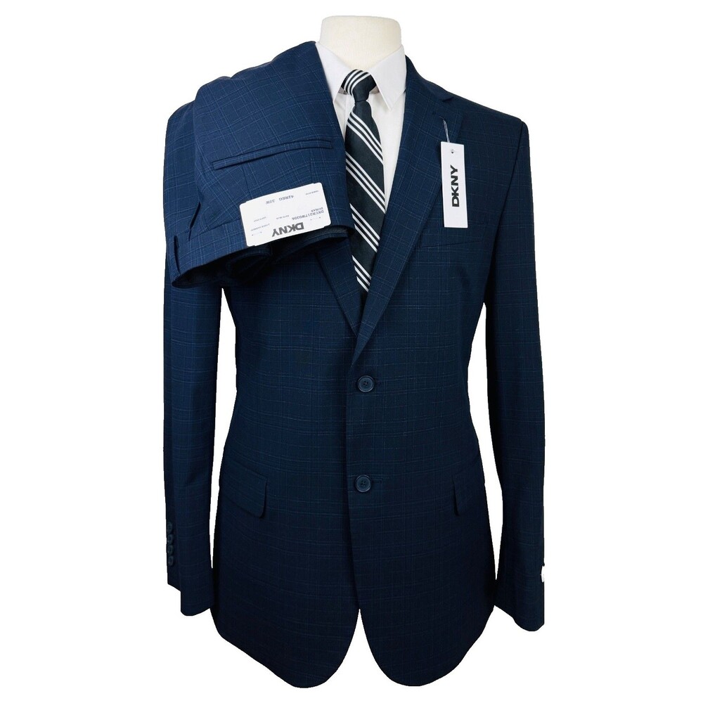$395 NEW DKNY MENS 38S NAVY/BLUE PLAID SOFT 2 PIECE SUIT WITH DRESS PANTS 31X30